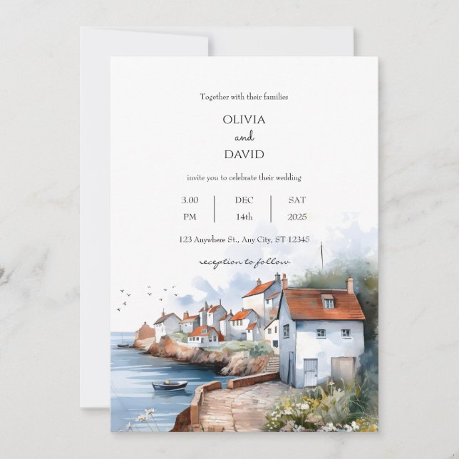 Tranquil Seaside Coastal Village Cottages Wedding Invitation (Front)