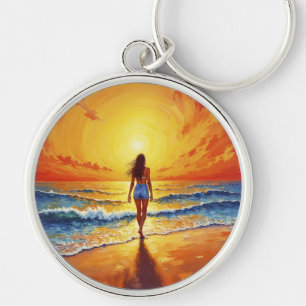 Tranquil shore walk sunset ocean bright art key ring