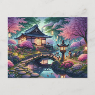 Tranquil Spring Evening in a Japanese Garden Postcard