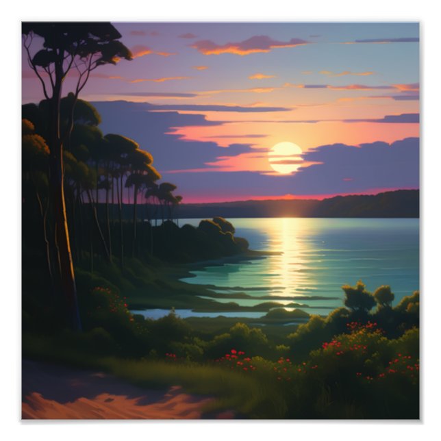 Tranquil Sunset Lake Painting Photo Print (Front)