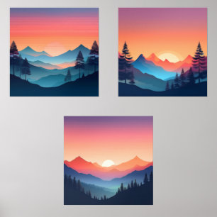 Tranquil Sunset Mountain Art Set of 3
