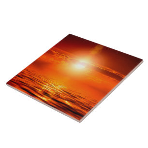Tranquil Sunset Orange Golden Sky Over Sea Ocean Tile