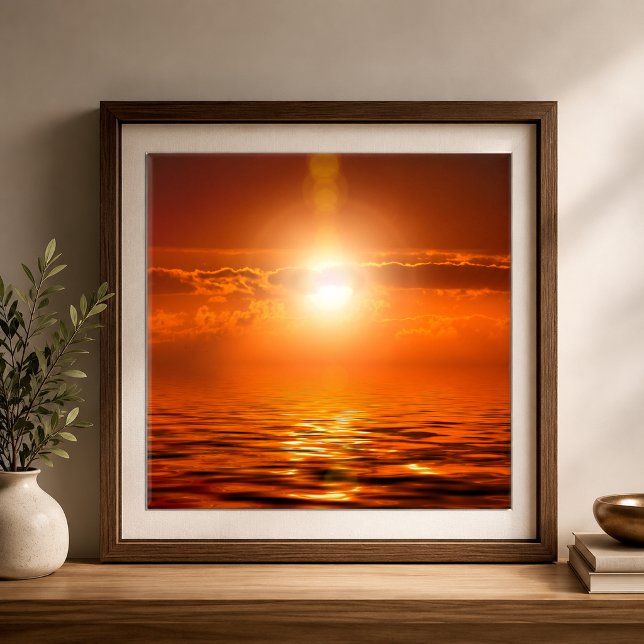 Tranquil Sunset Orange Golden Sky Over Sea Ocean Tile (Tranquil Sunset Orange Golden Sky Over Sea Ocean Ceramic Tile)