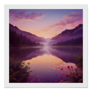 Tranquil Sunset Over a Mountain Lake Poster