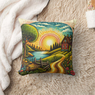 Tranquil sunset over a serene countryside home cushion