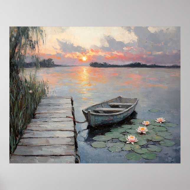 Tranquil Sunset Over Rowboat on a Lake Poster (Front)
