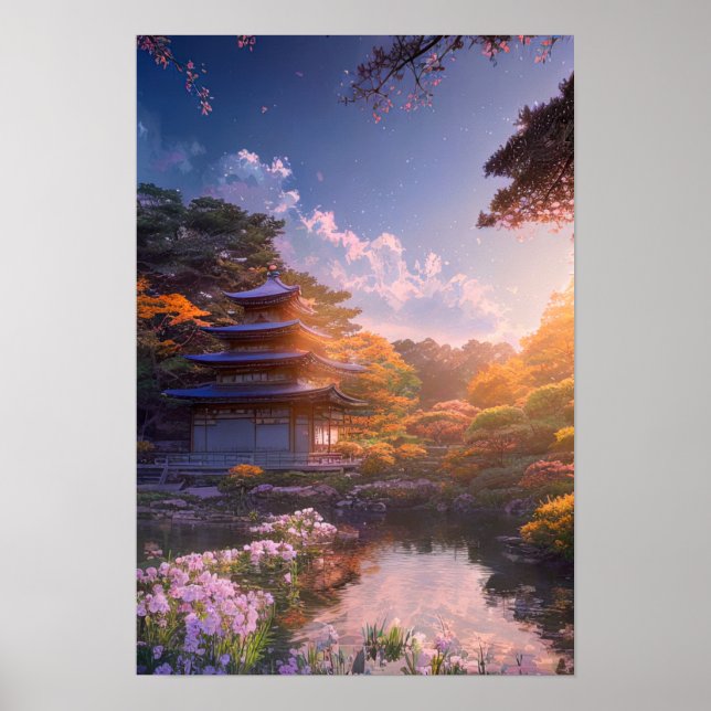 Tranquil Temple on the Riverbank Poster (Front)