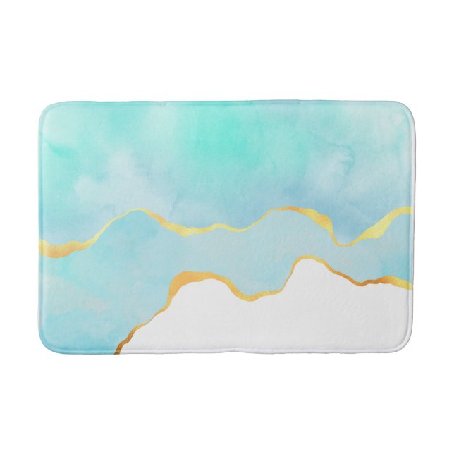 Tranquil Tropical Green Blue with Gold Border Bath Mat (Front)