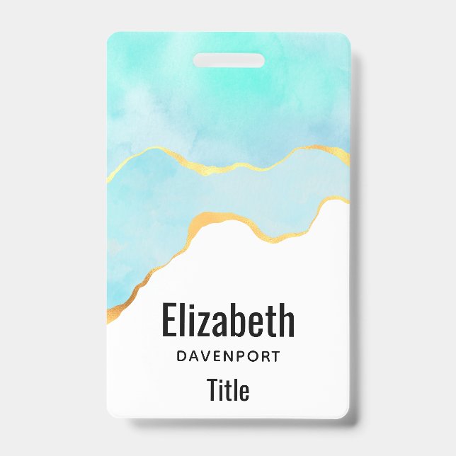 Tranquil Tropical Green Blue with Gold Border ID Badge (Front)