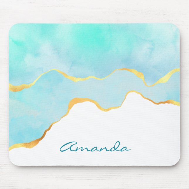 Tranquil Tropical Green Blue with Gold Border Mouse Mat (Front)