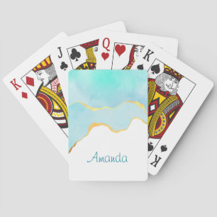 Tranquil Tropical Green Blue with Gold Border Playing Cards