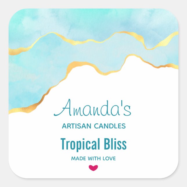 Tranquil Tropical Green & Gold Border Candle Biz Square Sticker (Front)