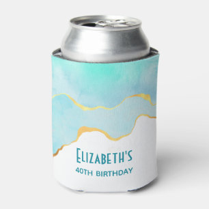 Tranquil Tropical Green with Gold Border Birthday Can Cooler