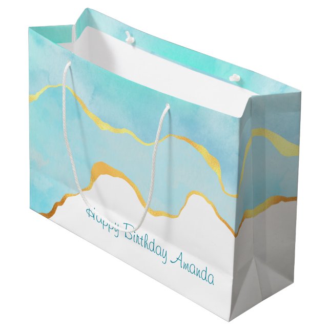Tranquil Tropical Green with Gold Border Birthday Large Gift Bag (Front Angled)