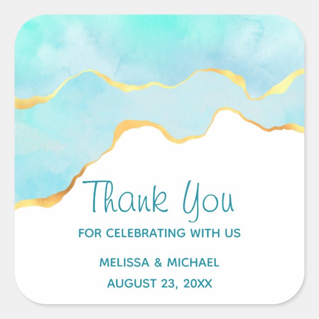 Tranquil Tropical Green with Gold Border Wedding Square Sticker (Front)