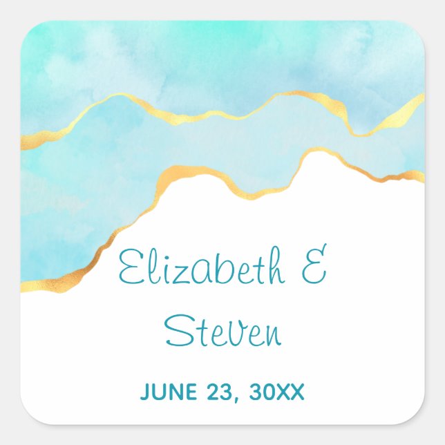 Tranquil Tropical Green with Gold Border Wedding Square Sticker (Front)