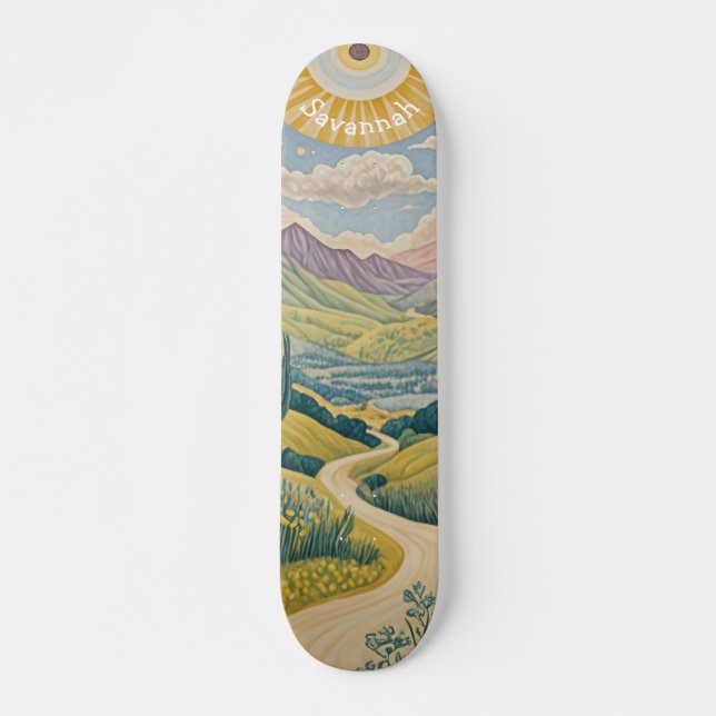 Tranquil Valley: Pastel Landscape Skateboard (Front)