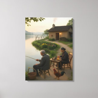 Tranquil Village Morning by the Lake Wall Art