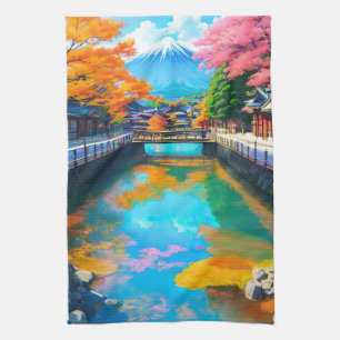 Tranquil Waters: Mt. Fuji's Reflection Tea Towel