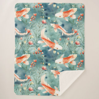 Tranquil Waters: Watercolor Koi Fish Pattern Sherpa Blanket