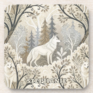 Tranquil Winter Forest Scene with White Wolves Coaster