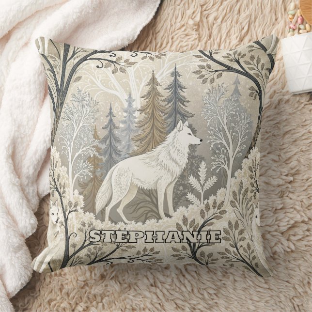 Tranquil Winter Forest Scene with White Wolves Cushion (Blanket)