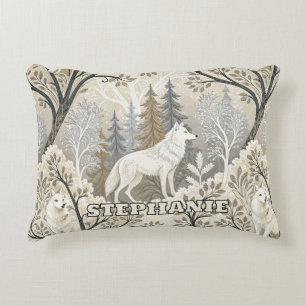 Tranquil Winter Forest Scene with White Wolves Decorative Cushion