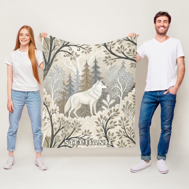 Tranquil Winter Forest Scene with White Wolves Fleece Blanket (In Situ)