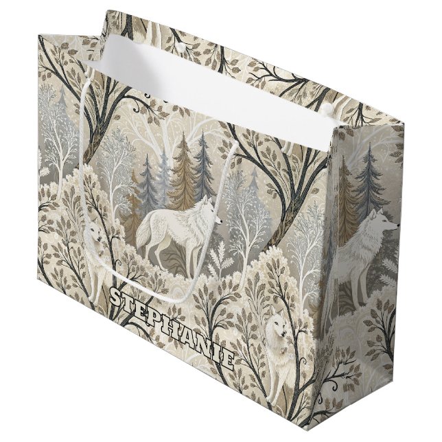 Tranquil Winter Forest Scene with White Wolves Large Gift Bag (Front Angled)