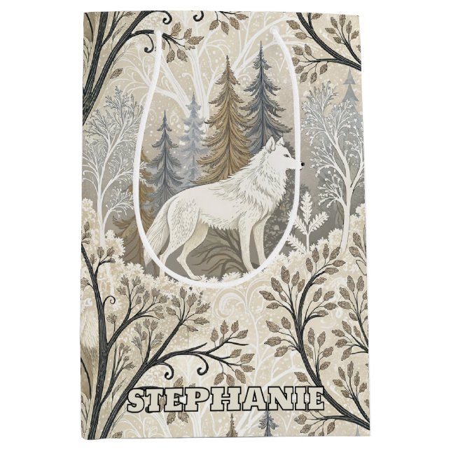 Tranquil Winter Forest Scene with White Wolves Medium Gift Bag (Front)