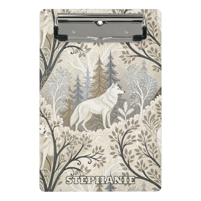 Tranquil Winter Forest Scene with White Wolves Mini Clipboard (Front)