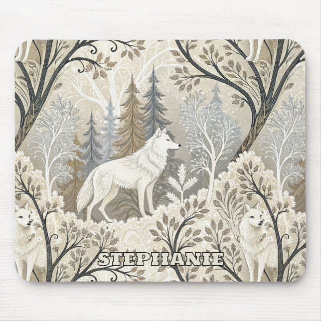 Tranquil Winter Forest Scene with White Wolves Mouse Mat (Front)