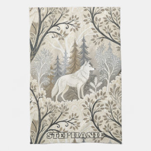 Tranquil Winter Forest Scene with White Wolves Tea Towel