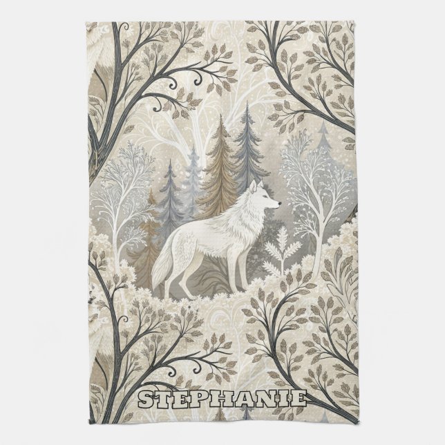Tranquil Winter Forest Scene with White Wolves Tea Towel (Vertical)