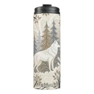 Tranquil Winter Forest Scene with White Wolves Thermal Tumbler