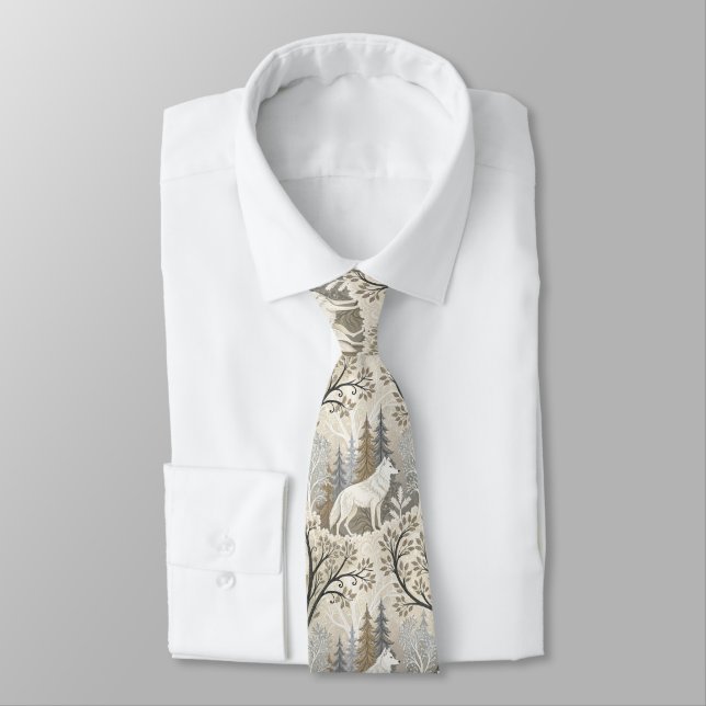 Tranquil Winter Forest Scene with White Wolves Tie (Tied)