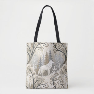Tranquil Winter Forest Scene with White Wolves Tote Bag