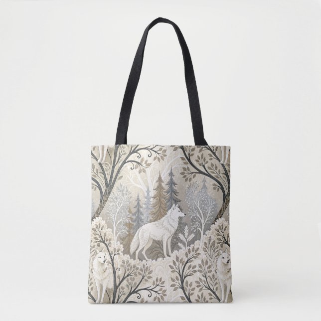 Tranquil Winter Forest Scene with White Wolves Tote Bag (Front)