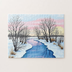 Tranquil Winter Scene Frozen River and Snowy Jigsaw Puzzle
