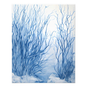 Tranquil Winter Scene: Watercolor Blue Trees Photo Print