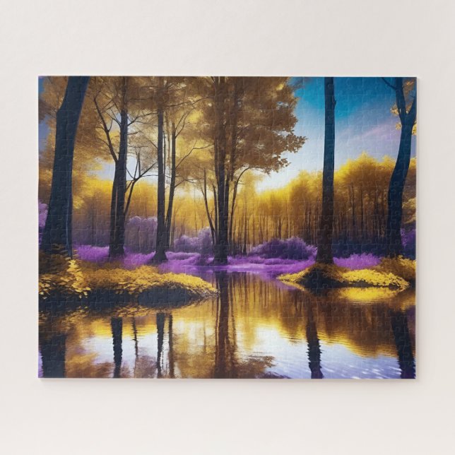 Tranquil Yellow Purple Reflection Under Blue Sky Jigsaw Puzzle (Horizontal)