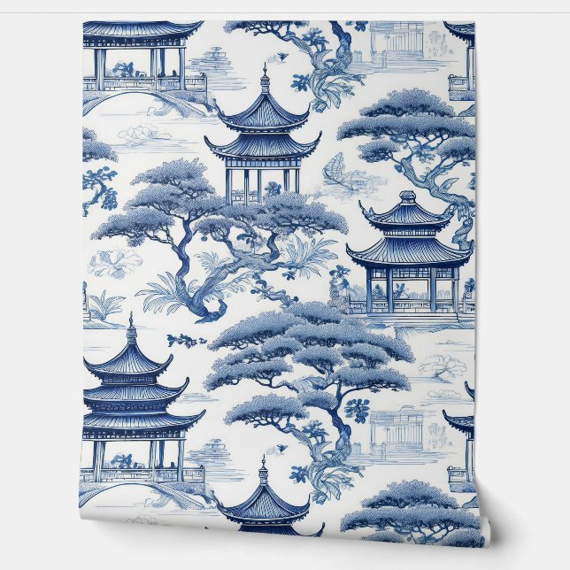 Tranquillity Blue & White Chinoiserie Garden Wallpaper (Unrolling)