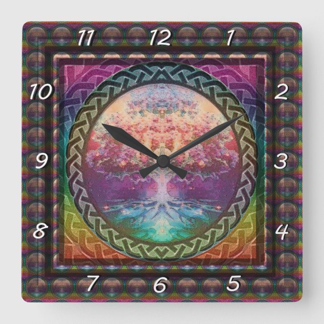 Tranquillity Tree of Life in Rainbow Colours Square Wall Clock (Front)
