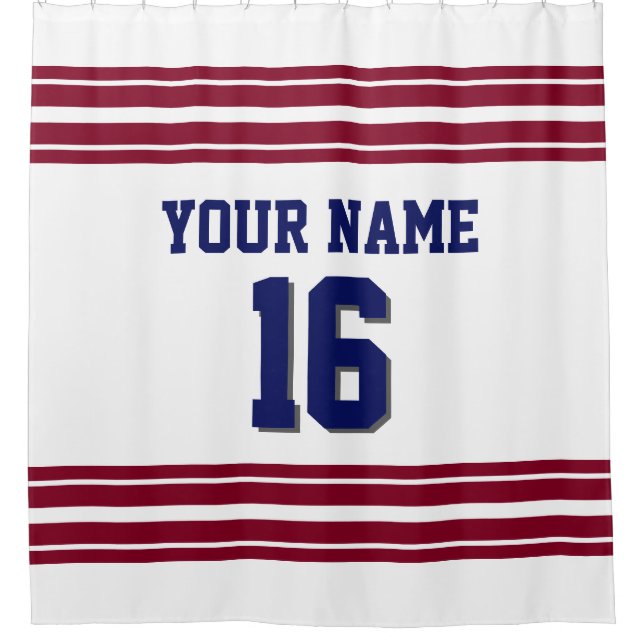 TRANS 2X Burgundy Stripes navy text Shower Curtain (Front)