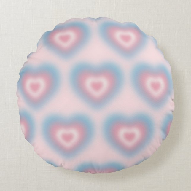 Trans flag colours on a blurred heart round cushion (Front)