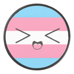 trans flag with cute excited face hockey puck