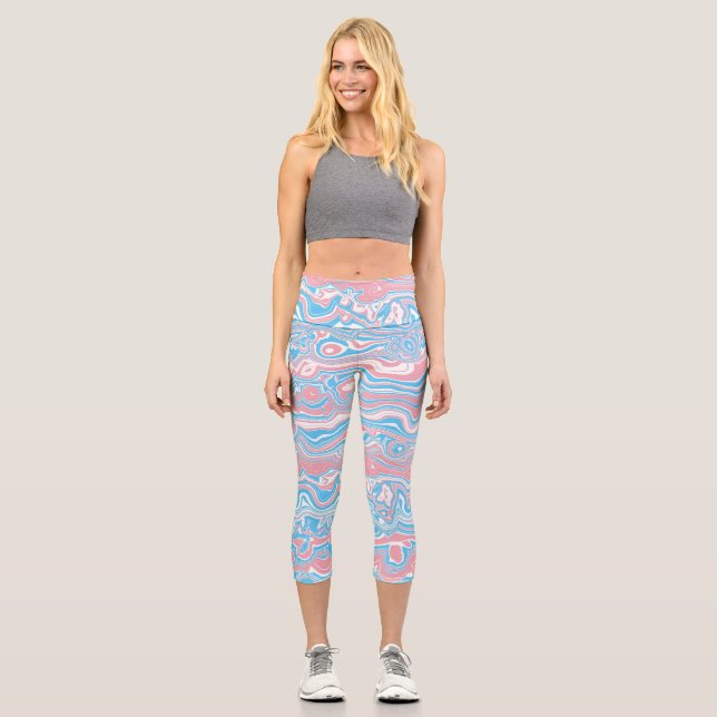 Trans Pride Flag Trippy Boho Groovy Wavy Stripes Capri Leggings (Front)