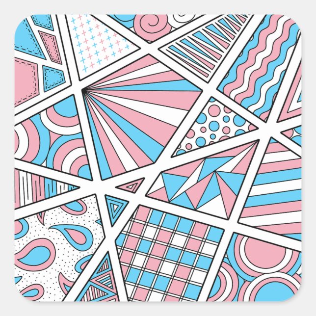 Trans Pride Zen Doodle Abstract Pink Blue White Square Sticker (Front)