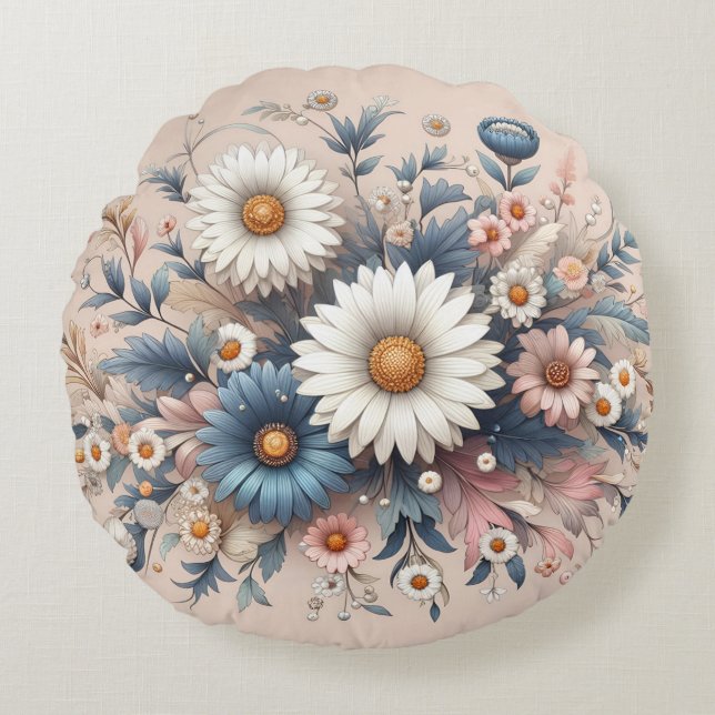 Transform Your Space with Elegant Daisy Floral Round Cushion (Front)