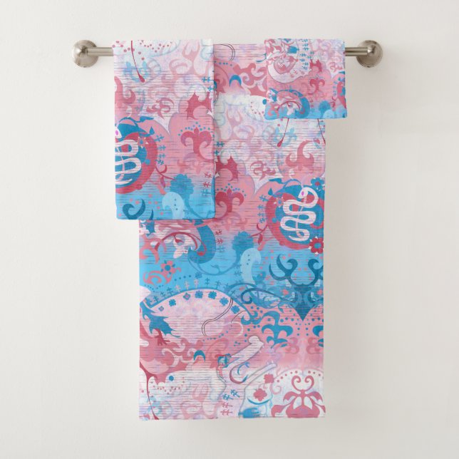 Transgender Dragon Damask - Trans Pride Flag Colou Bath Towel Set (Insitu)
